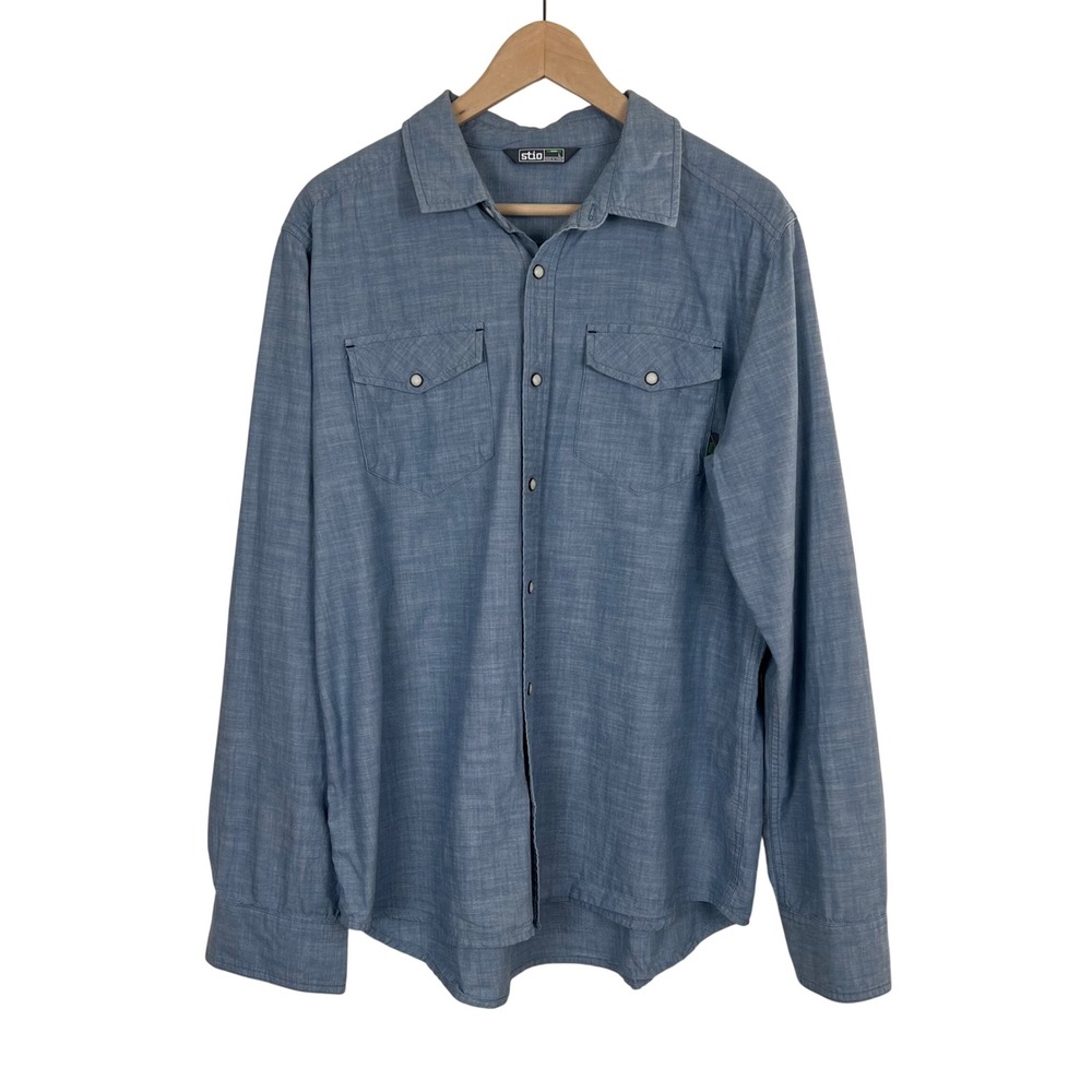 Stio Mens Eddy Long Sleeve Western Pearl Snap Shirt Blue Organic Cotton Large